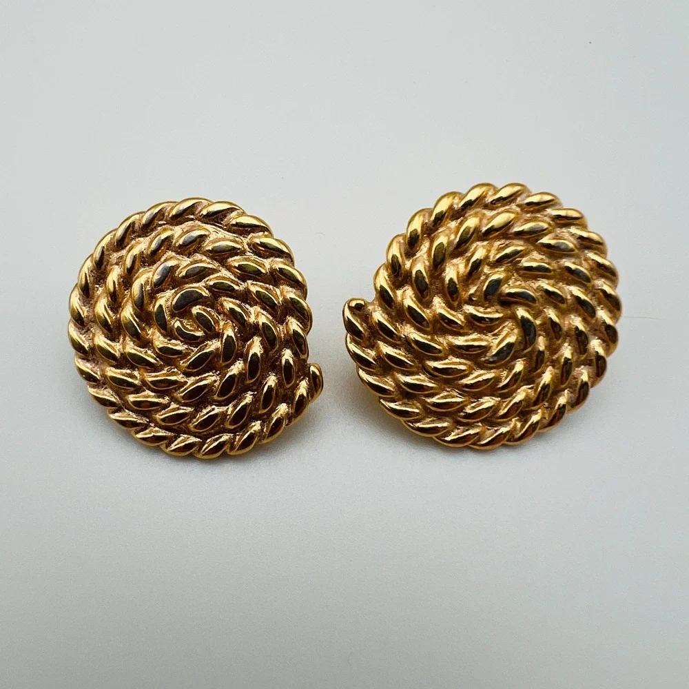 Vintage Gold Tone Rope Swirl Stud Earrings Round‎ Textured Classic Statement